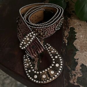 Studded Leather Belt with Rhinestone Buckle